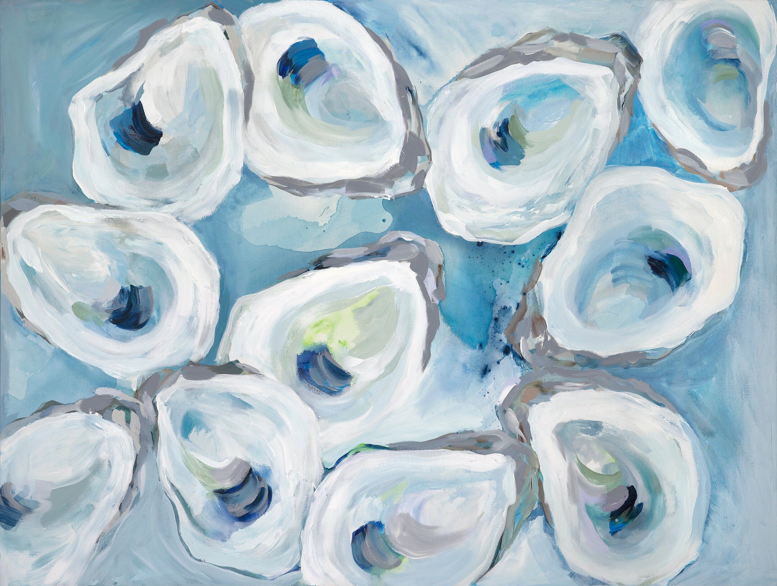 A painting by Kim Hovell of white oyster shells with blue and green accents on a blue background.