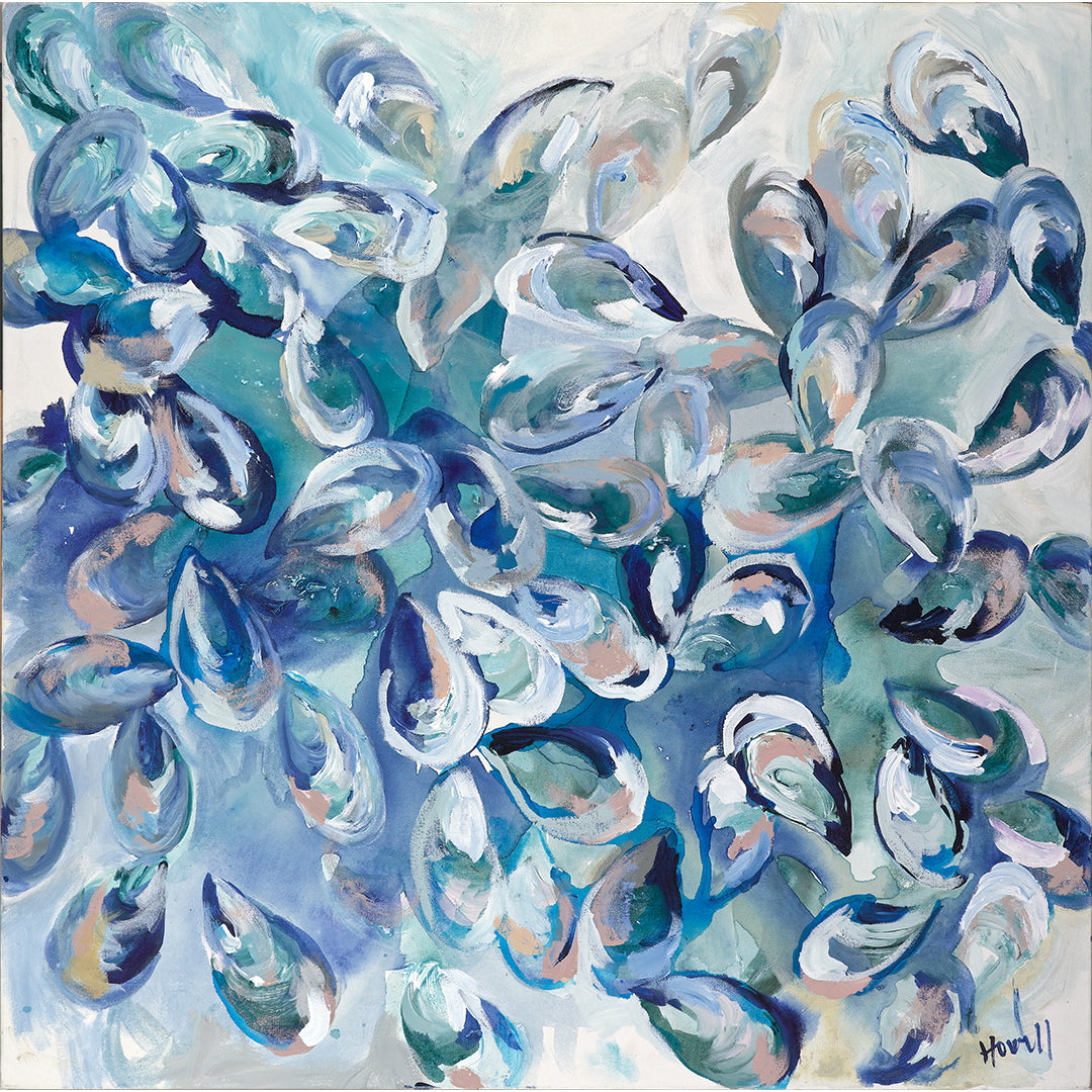 A vibrant artwork by Kim Hovell featuring an abstract pattern of blue and white oyster shells named 'Azul Oysters'