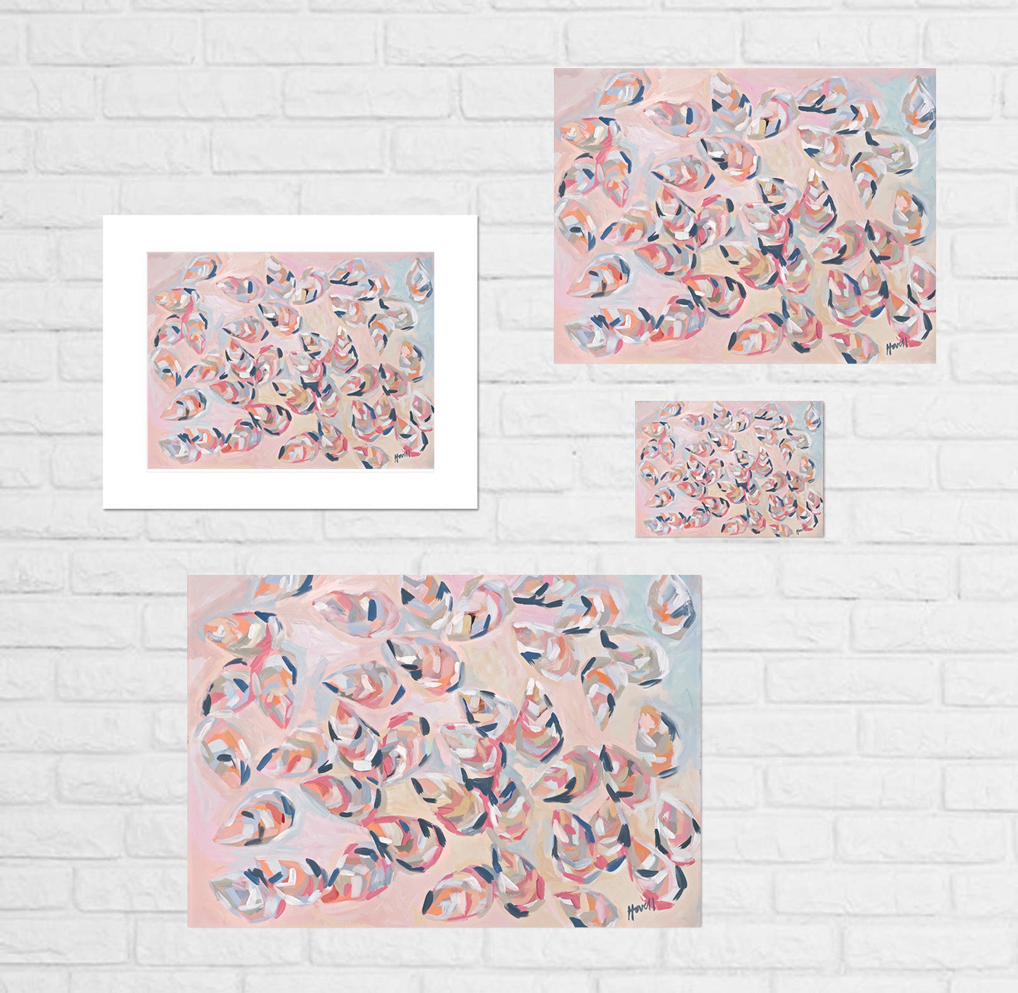 Kim Hovell Peach Gems art print of pink oyster shells with select size references