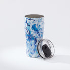 Kim Hovell coffee tumbler with lid featuring blue shell patterned artwork 'Azul Oysters'