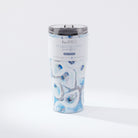 A blue and white oyster patterned 20oz coffee tumbler with a removable lid, displaying the 'Ebb and Flow' artwork against a white background.