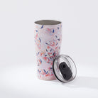 Kim Hovell Peach Gems pink shell-patterned 20oz coffee tumbler with a clear lid