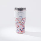 Kim Hovell Peach Gems pink shell-patterned 16oz coffee tumbler with product info sleeve around cup.