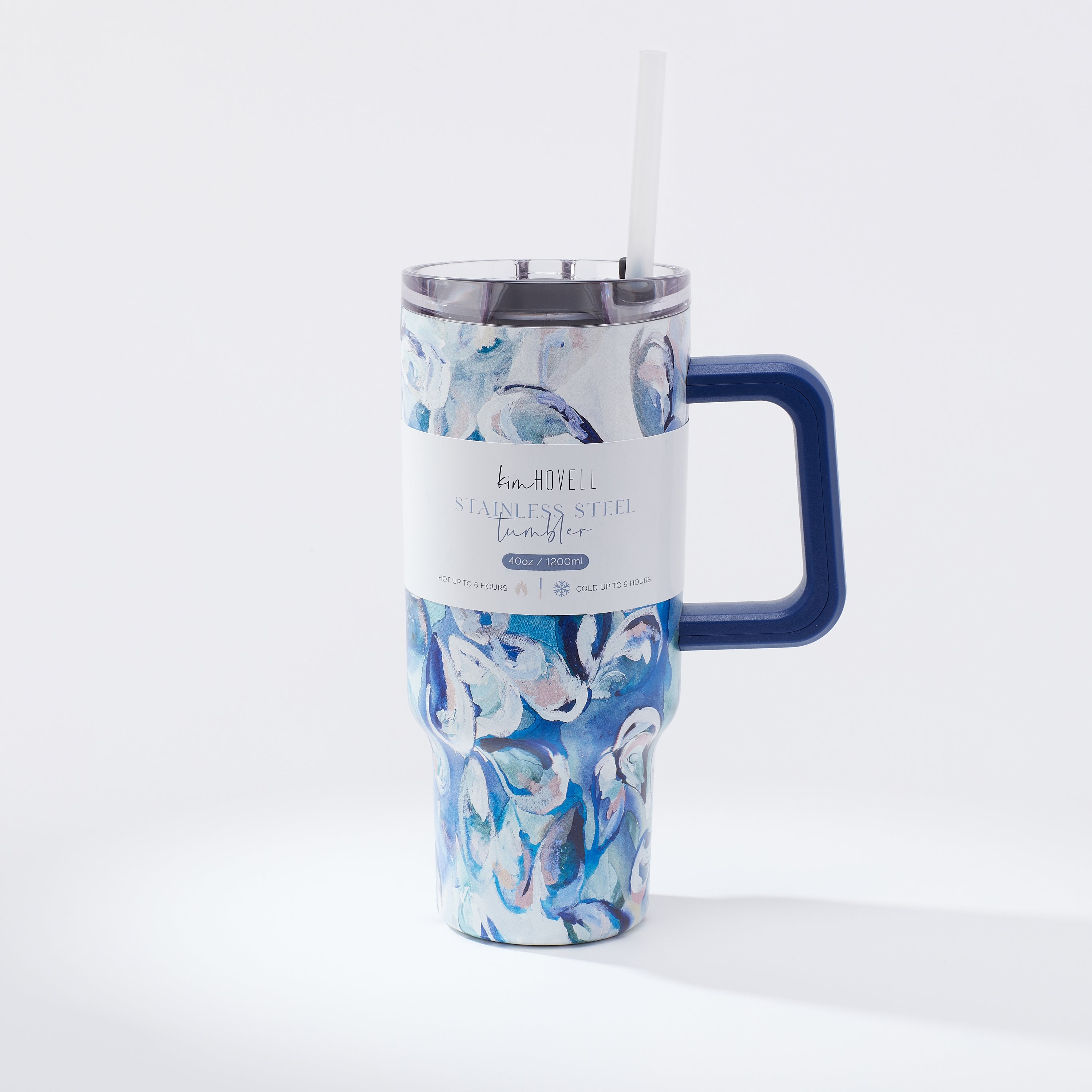 Kim Hovell 40 ounce tumbler with straw, lid, and informational sleeve. Tumbler design features blue shell pattern artwork 'Azul Oysters'.