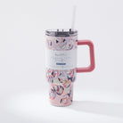 Kim Hovell 40oz tumbler peach gems pattern with informational sleeve and lid with straw 