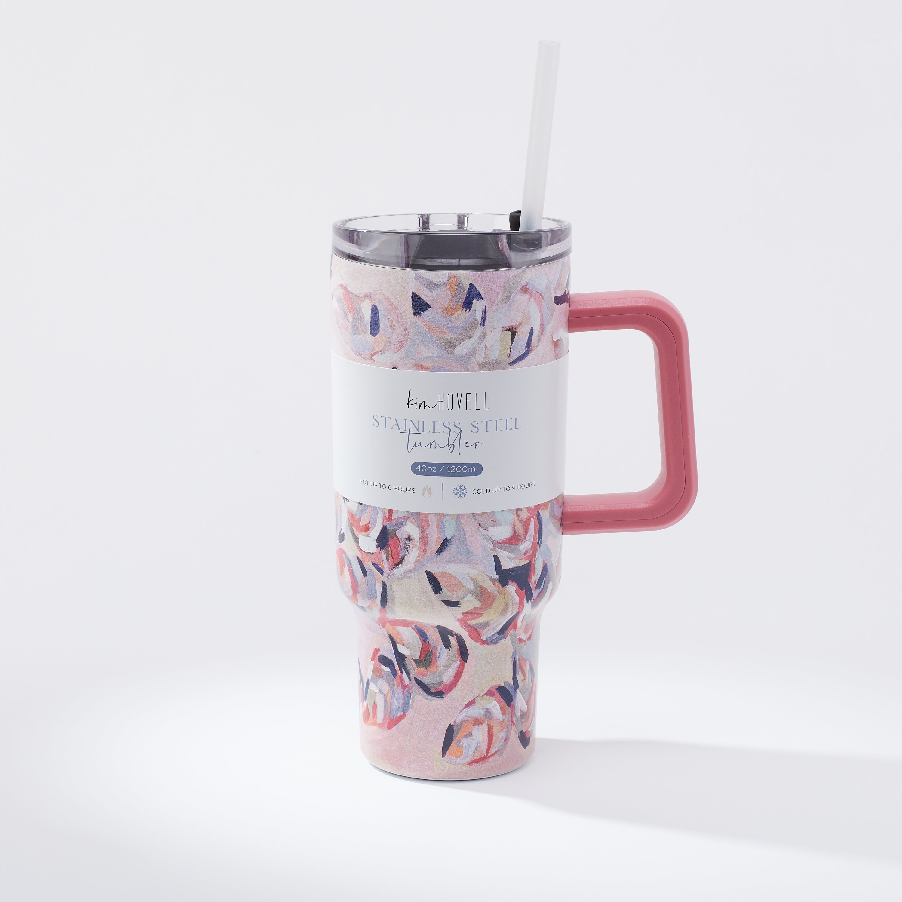 Kim Hovell 40oz tumbler peach gems pattern with informational sleeve and lid with straw 