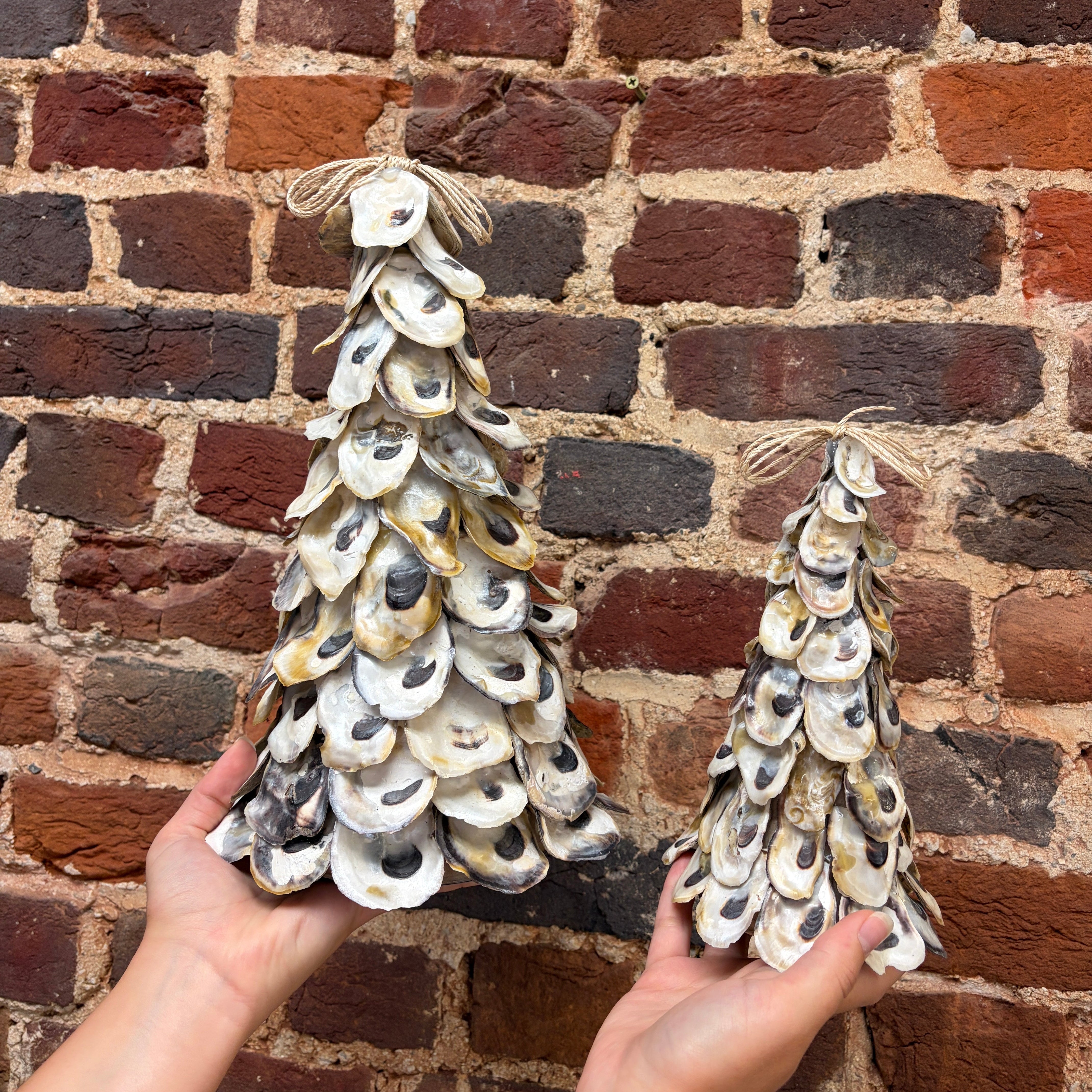 Two hands holding up decorative art made of many white and gray oyster shells, shown against a rustic red-brown brick wall.
