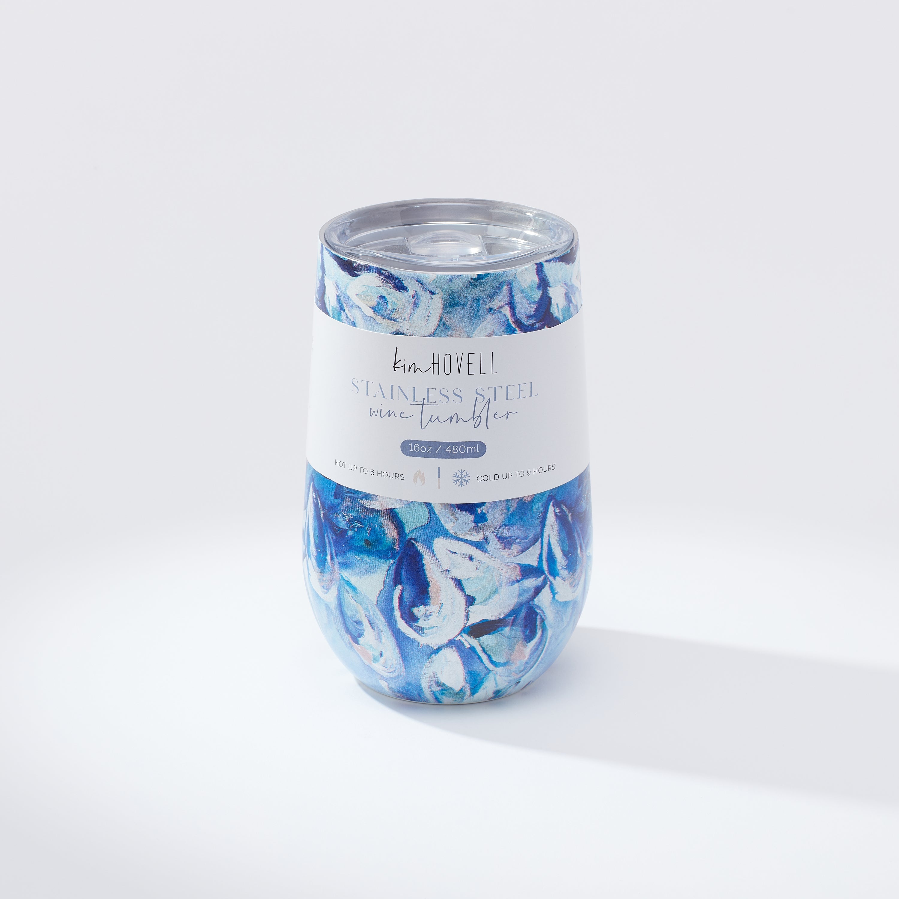 Kim Hovell wine tumbler with lid featuring blue and white shell pattern, Azul Oysters, artwork 