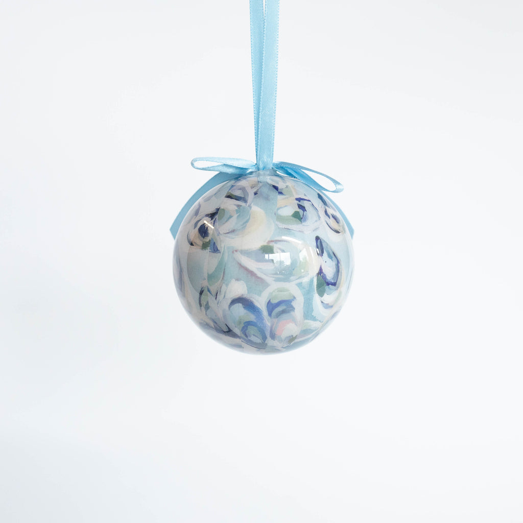 Kim Hovell decoupaged atlantic reef oyster design hanging ball ornament with blue ribbon
