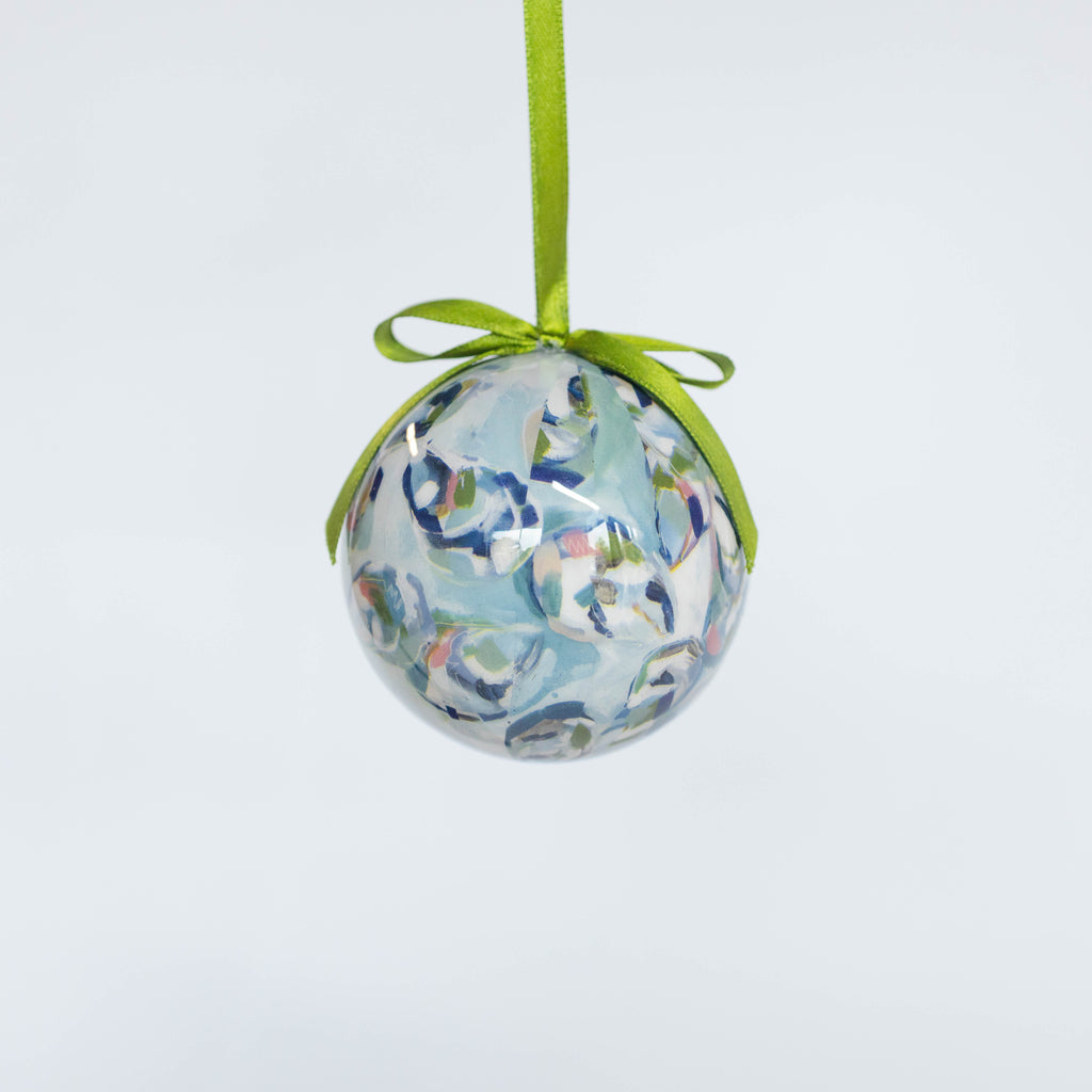Kim Hovell decoupaged gulf cluster oyster design hanging ball ornament with green ribbon
