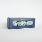 Kim Hovell decoupaged oyster design hanging ball ornament trio in a rectangle navy blue box. 