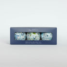 Kim Hovell decoupaged oyster design hanging ball ornament trio navy blue box packaging 