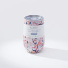 Kim Hovell Peach Gems shell-patterned tumbler with lid featuring info sleeve and white studio background 