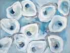 A painting by Kim Hovell of white oyster shells with blue and green accents on a blue background.