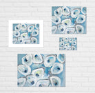 Print size references of white oyster shells with blue and green accents on a blue background.