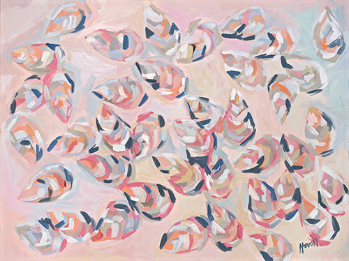 Kim Hovell art print featuring an arrangement of peach and pink colored shells on a light background.